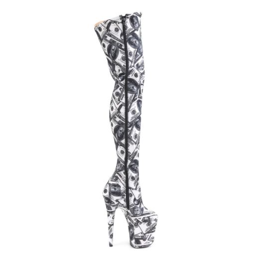 Product image of Pleaser FLAMINGO-3000DP White-Black Stretch Fabric/White-Black Fabric 8 inch (20 cm) Heel 4 inch (10 cm) Platform Stretch Thigh Boot Side Zip