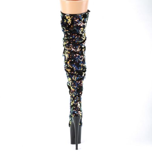 Product image of Pleaser FLAMINGO-3004 Blue Iridescent Sequins/Black 8 inch (20 cm) Heel 4 inch (10 cm) Platform Slouch Thigh Boot Side Zip