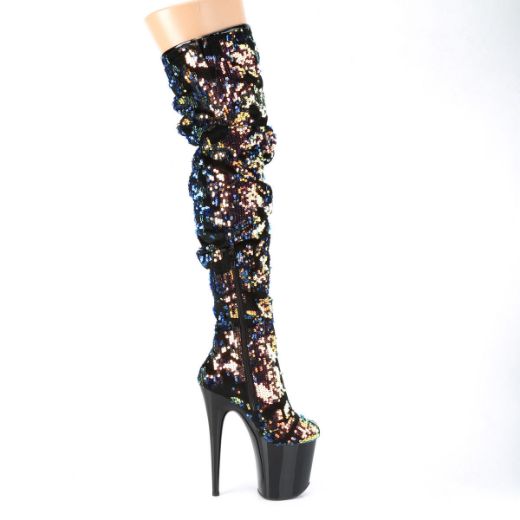 Product image of Pleaser FLAMINGO-3004 Blue Iridescent Sequins/Black 8 inch (20 cm) Heel 4 inch (10 cm) Platform Slouch Thigh Boot Side Zip
