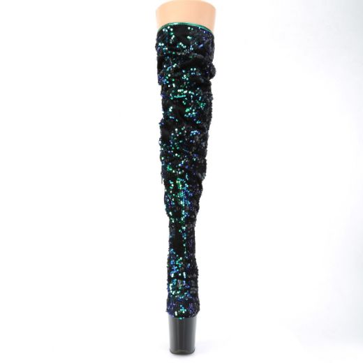 Product image of Pleaser FLAMINGO-3004 Green Iridescent Sequins/Black 8 inch (20 cm) Heel 4 inch (10 cm) Platform Slouch Thigh Boot Side Zip
