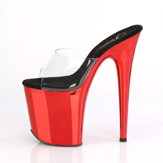 Product image of Pleaser FLAMINGO-801 Clear/Red Chrome 8 inch (20 cm) Heel 4 inch (10 cm) Chrome Plated Platform Slide Slide Mule Shoes
