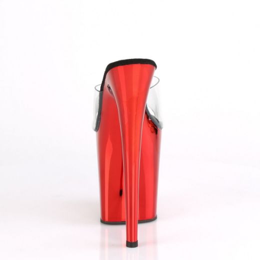 Product image of Pleaser FLAMINGO-801 Clear/Red Chrome 8 inch (20 cm) Heel 4 inch (10 cm) Chrome Plated Platform Slide Slide Mule Shoes