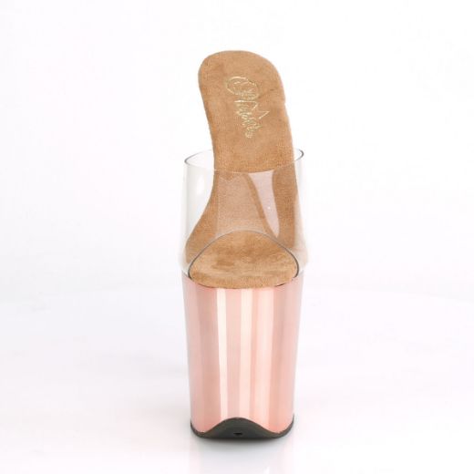 Product image of Pleaser FLAMINGO-801 Clear/Rose Gold Chrome 8 inch (20 cm) Heel 4 inch (10 cm) Chrome Plated Platform Slide Slide Mule Shoes