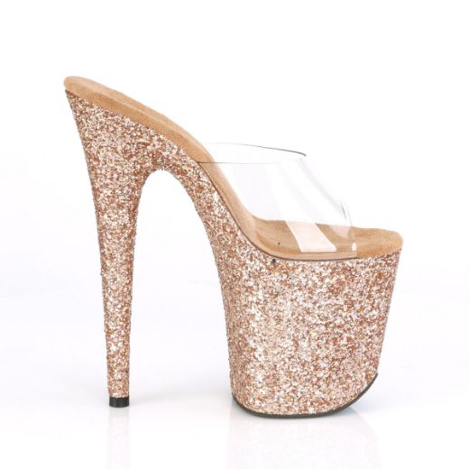Product image of Pleaser FLAMINGO-801LG Clear/Rose Gold Multicolour Glitter 8 inch (20 cm) Heel 4 inch (10 cm) Platform Slide With  Glitter Covered Bottom Slide Mule Shoes