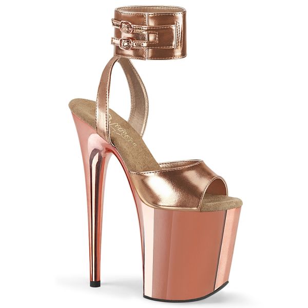 Product image of Pleaser FLAMINGO-891 Rose Gold Metallic Polyurethane (Pu)/Rose Gold Chrome 8 inch (20 cm) Heel 4 inch (10 cm) Platform Ankle Strap Sandal Shoes