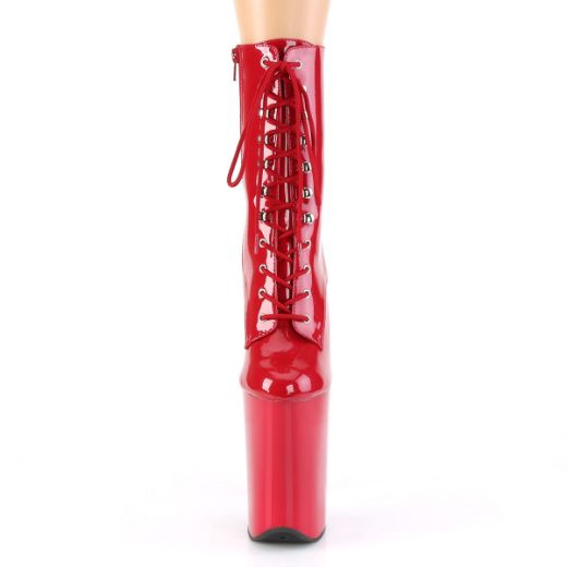 Product image of Pleaser INFINITY-1020 Red Patent/Red 9 inch (23 cm) Heel 5 1/4 inch (13.5 cm) Platform Lace-Up Front Ankle Boot Side Zip