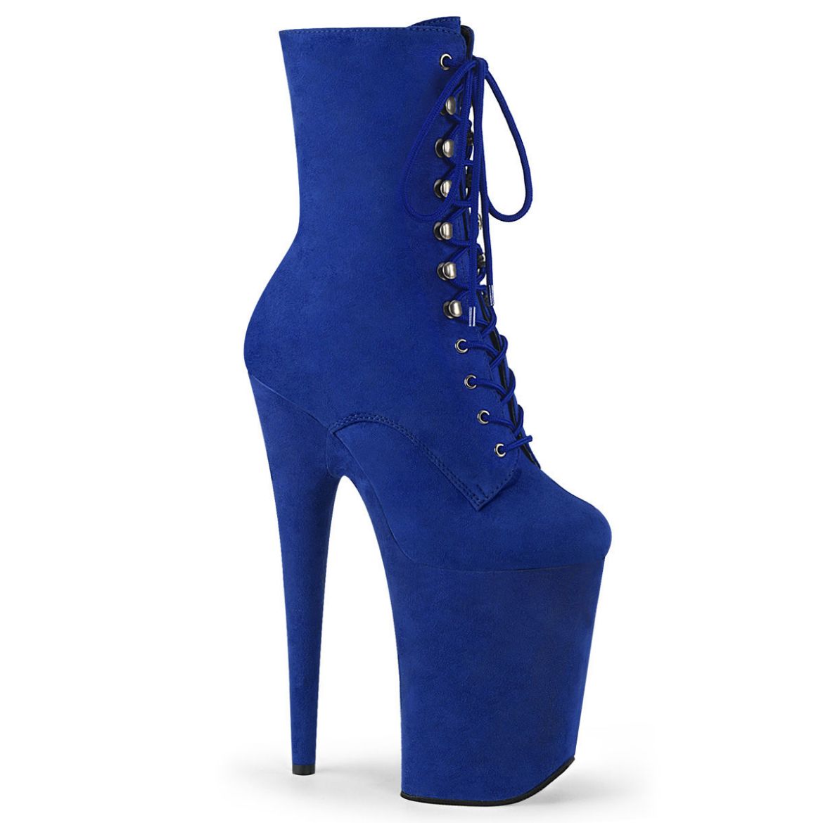 Product image of Pleaser INFINITY-1020FS Royal Blue F.Faux Suede/Royal Blue F.Faux Suede 9 inch (23 cm) Heel 5 1/4 inch (13.5 cm) Platform Lace-Up Front Ankle Boot Side Zip