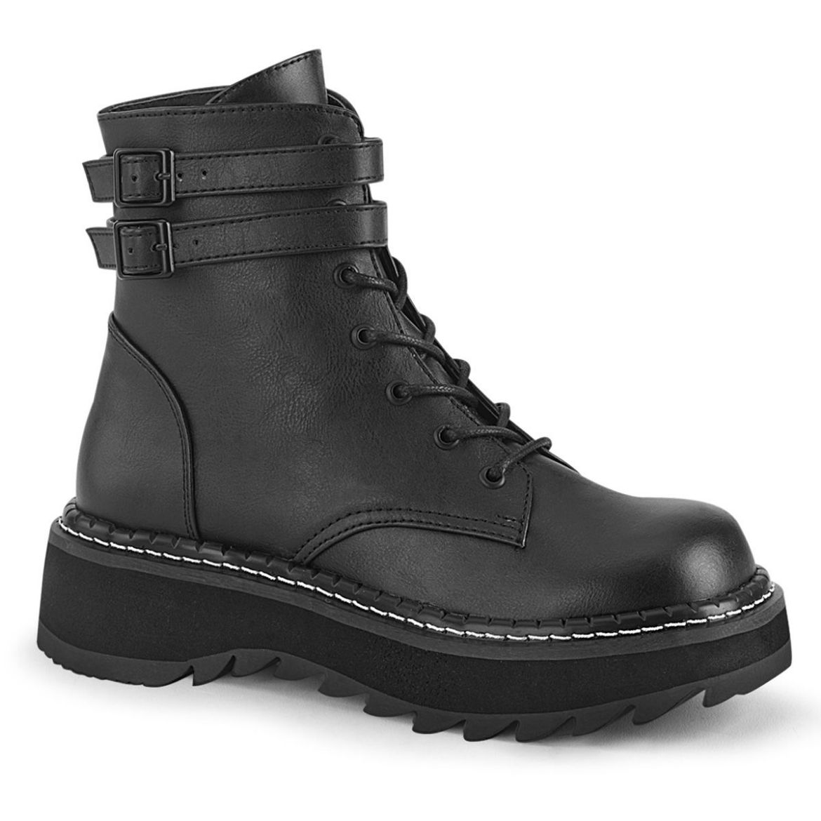 Product image of Demonia LILITH-152 Black Vegan Faux Leather 1 1/4 inch (3.2 cm) Platform Lace-Up Ankle Boot Side Zip