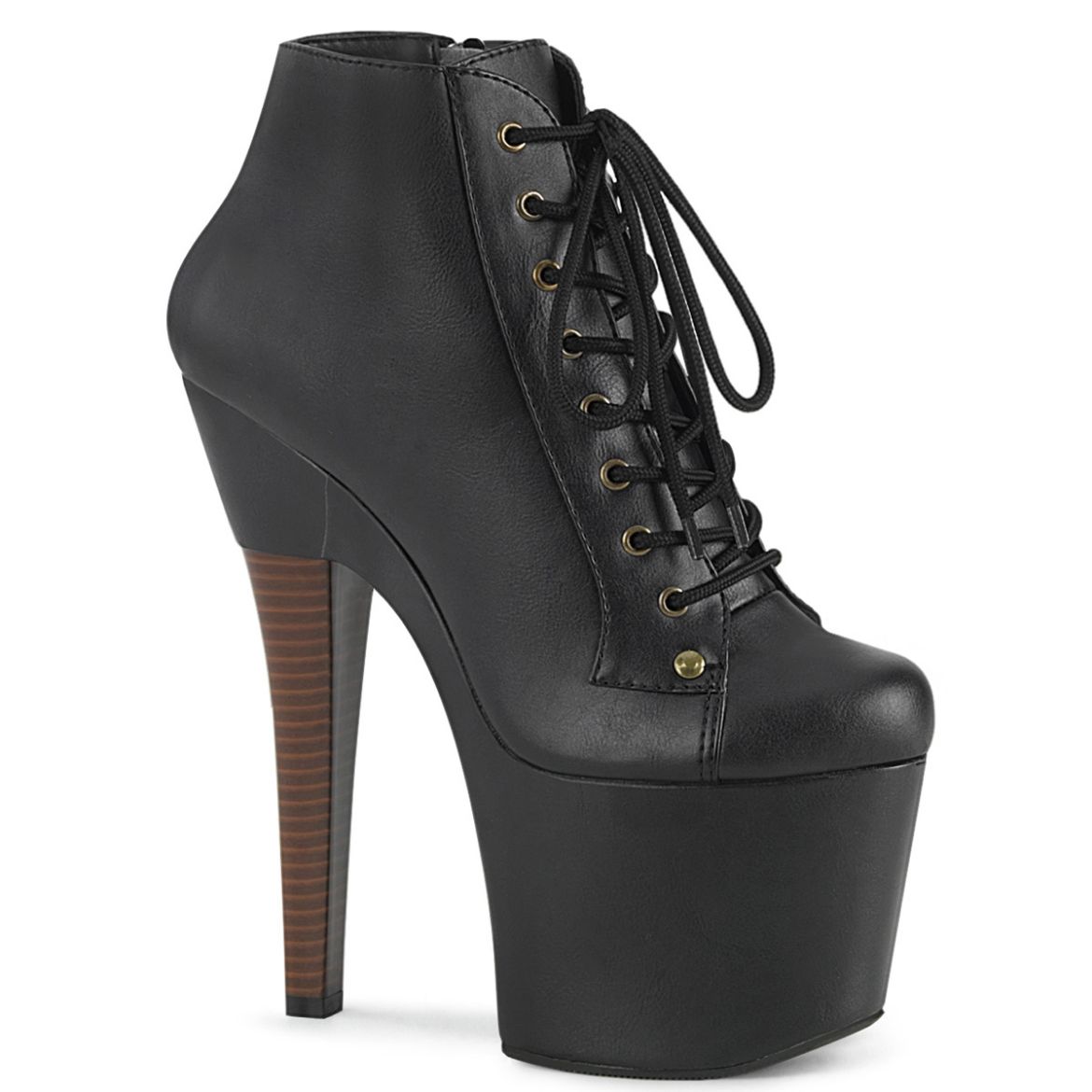 Product image of Pleaser RADIANT-1005 Black Faux Leather/Black Faux Leather 7 inch (17.8 cm) Heel 3 1/4 inch (8.3 cm) Platform Lace-Up Front Ankle Bootie Inside Zip