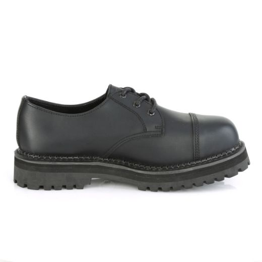 Product image of Demonia RIOT-03 Black Vegan Faux Leather 3 Eyelet Unisex Steel Toe Classic Shoe Rubber Sole