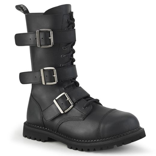 Product image of Demonia RIOT-12BK Black Vegan Faux Leather 12 Eyelet Unisex Steel Toe Ankle Boot Rubber Sole