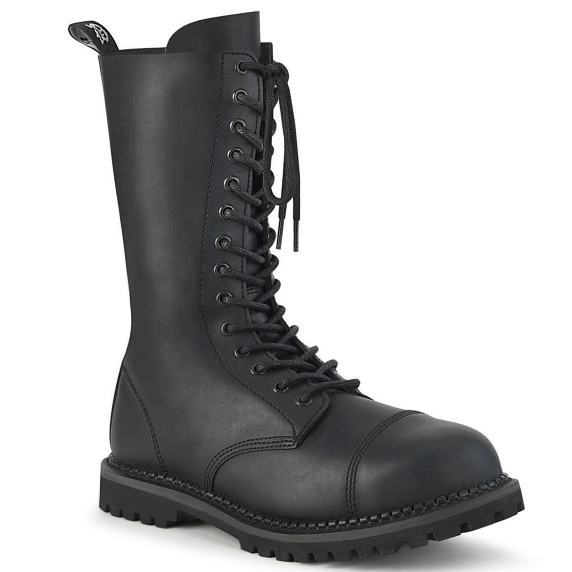Product image of Demonia RIOT-14 Black Vegan Faux Leather 14 Eyelet Unisex Steel Toe Mid Calf Boot Rubber Sole