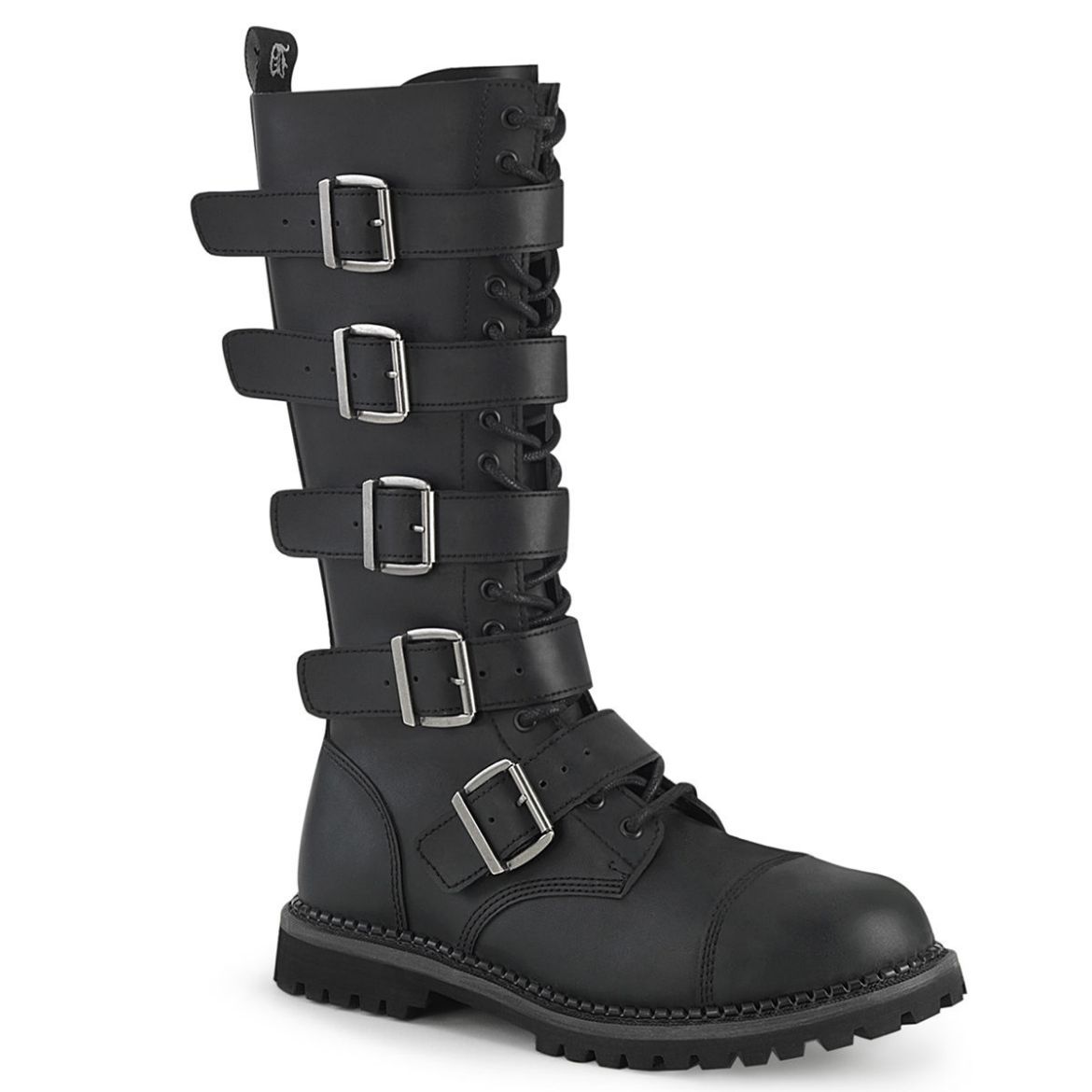 Product image of Demonia RIOT-18BK Black Vegan Faux Leather 18 Eyelet Unisex Steel Toe Knee Boot Rubber Sole Knee High Boot
