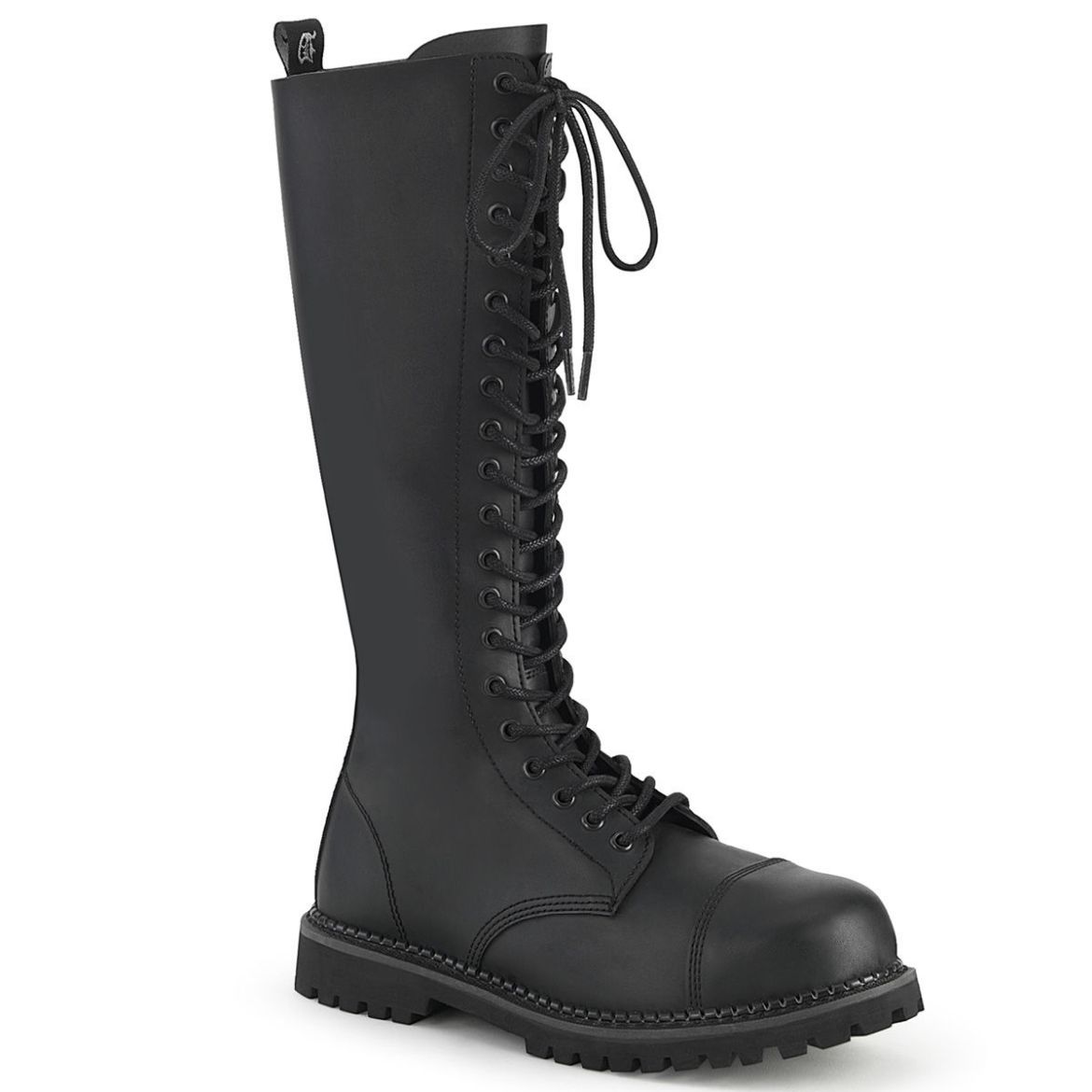 Product image of Demonia RIOT-20 Black Vegan Faux Leather 20 Eyelet Unisex Steel Toe Knee Boot Rubber Sole Knee High Boot