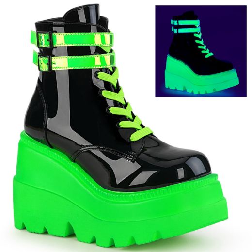 Product image of Demonia SHAKER-52 Black Patent-Blacklight (Uv) Reactive Neon Green 4 1/2 inch Wedge Platform Lace-Up Ankle Boot Side Zip