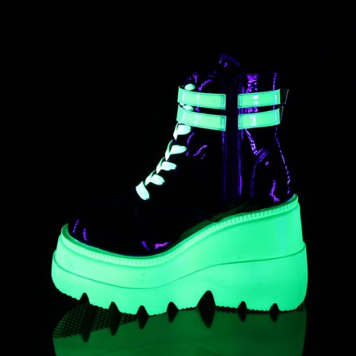 Product image of Demonia SHAKER-52 Black Patent-Blacklight (Uv) Reactive Neon Green 4 1/2 inch Wedge Platform Lace-Up Ankle Boot Side Zip