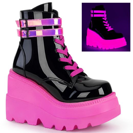 Product image of Demonia SHAKER-52 Black Patent-Blacklight (Uv) Reactive Neon Pink 4 1/2 inch Wedge Platform Lace-Up Ankle Boot Side Zip