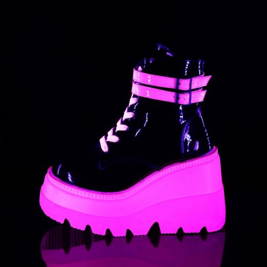 Product image of Demonia SHAKER-52 Black Patent-Blacklight (Uv) Reactive Neon Pink 4 1/2 inch Wedge Platform Lace-Up Ankle Boot Side Zip
