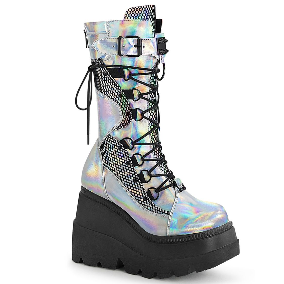 Product image of Demonia SHAKER-70 Silver Holographic Vegan Faux Leather-Black Fishnet 4 1/2 inch Wedge Platform Lace-Up Mid-Calf Boot Back Metal Zip