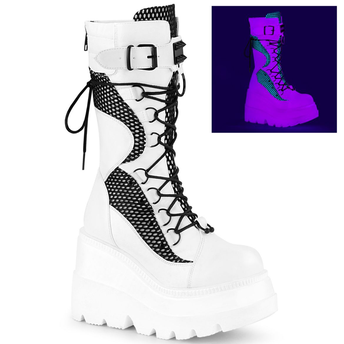 Product image of Demonia SHAKER-70 White Vegan Faux Leather-Black Fishnet 4 1/2 inch Wedge Platform Lace-Up Mid-Calf Boot Back Metal Zip