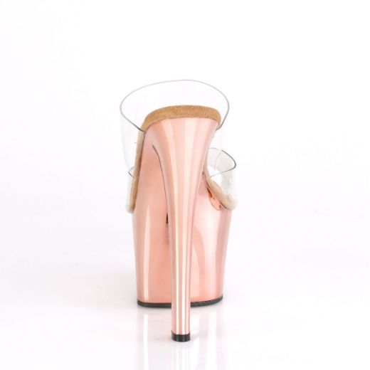 Product image of Pleaser SKY-302 Clear/Rose Gold Chrome 7 inch (17.8 cm) Heel 2 3/4 inch (7 cm) Two-Band Platform Slide With  Chrome Plated Bottom Slide Mule Shoes