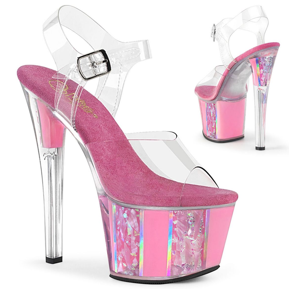 Product image of Pleaser SKY-308OF Clear/Baby Pink 7 inch (17.8 cm) Heel 2 3/4 inch (7 cm) Platform Ankle Strap Sandal With  Multicolour Flakes Shoes