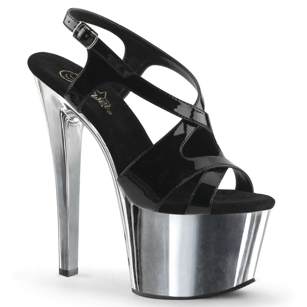 Product image of Pleaser SKY-330 Black Patent/Silver Chrome 7 inch (17.8 cm)Heel 2 3/4 inch (7 cm) Chrome Platform Criss-Cross Sling Back Sandal Shoes