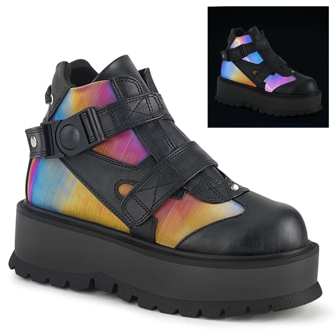Product image of Demonia SLACKER-32 Black Vegan Faux Leather-Rainbow Reflective 2 inch (5.1 cm) Platform Ankle Boot