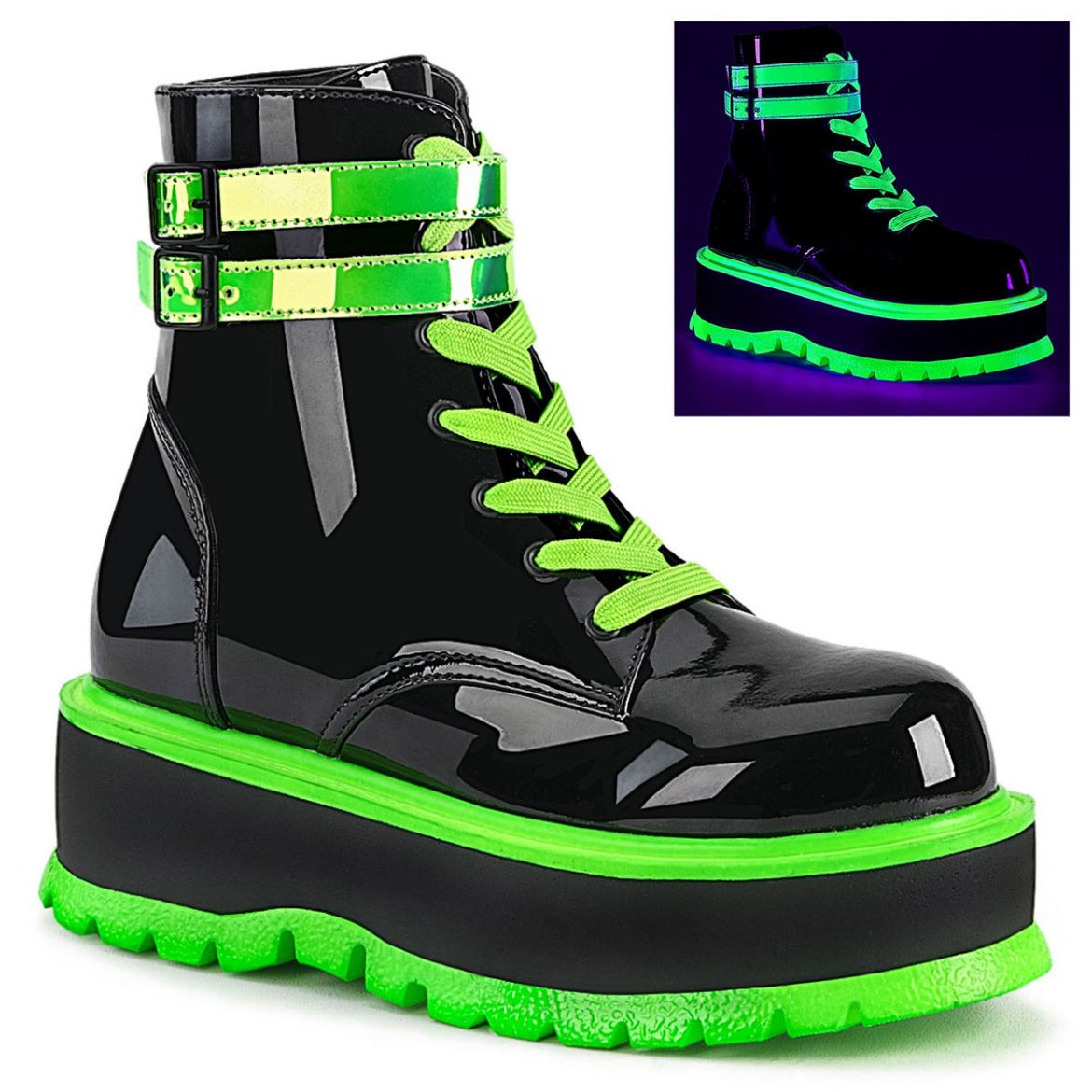 Product image of Demonia SLACKER-52 Black Patent-Blacklight (Uv) Reactive Iridescent Green 2 inch (5.1 cm) Platform Lace-Up Ankle Boot Side Zip