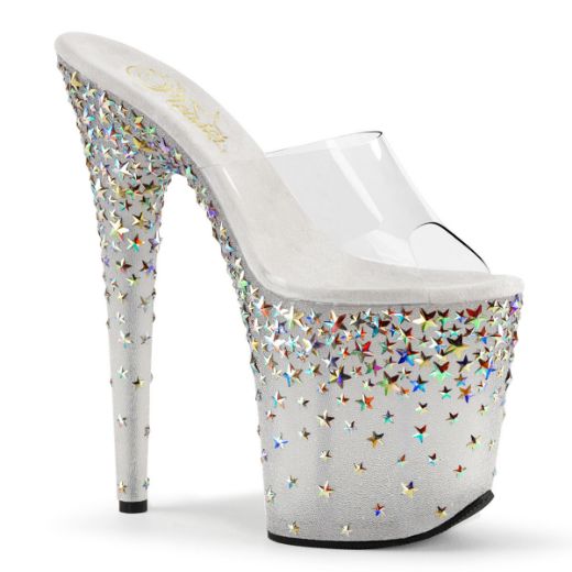 Product image of Pleaser STARSPLASH-801 Clear/Frosted (Silver Holographic Stars) 8 inch (20.3 cm) Heel 4 inch (10.2 cm) Platform Slide With Holographic Stars Slide Mule Shoes