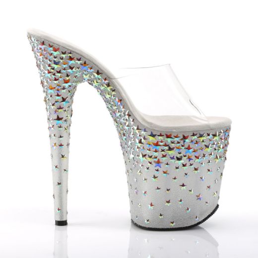 Product image of Pleaser STARSPLASH-801 Clear/Frosted (Silver Holographic Stars) 8 inch (20.3 cm) Heel 4 inch (10.2 cm) Platform Slide With Holographic Stars Slide Mule Shoes