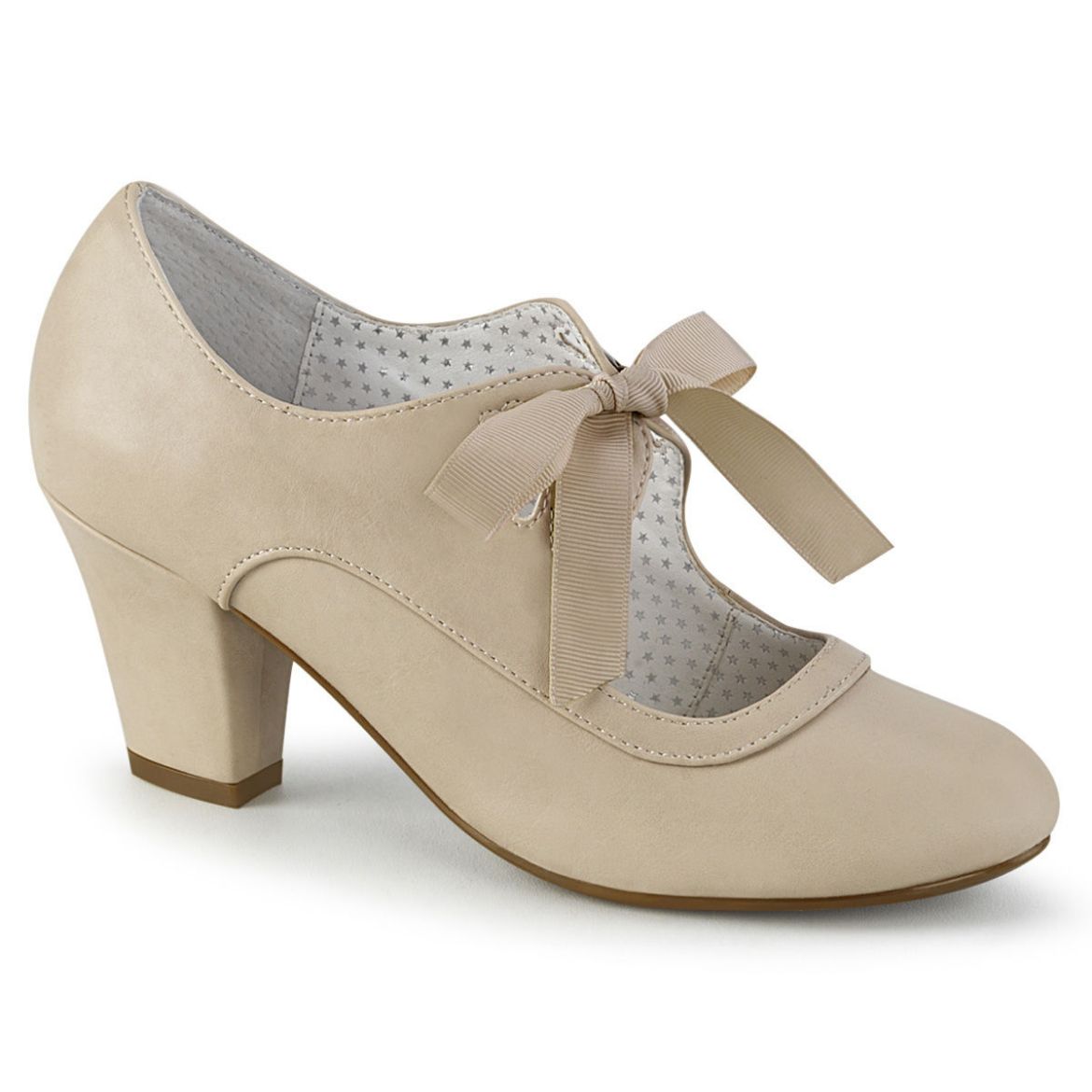 Product image of Pin Up Couture WIGGLE-32 Beige Faux Leather 2 1/2 inch (6.5 cm) Cuben Heel Heel Mary Jane Pump With Ribbon Tie Court Pump Shoes