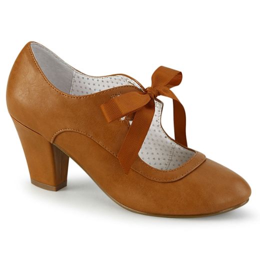 Product image of Pin Up Couture WIGGLE-32 Caramel Faux Leather 2 1/2 inch (6.5 cm) Cuben Heel Heel Mary Jane Pump With Ribbon Tie Court Pump Shoes