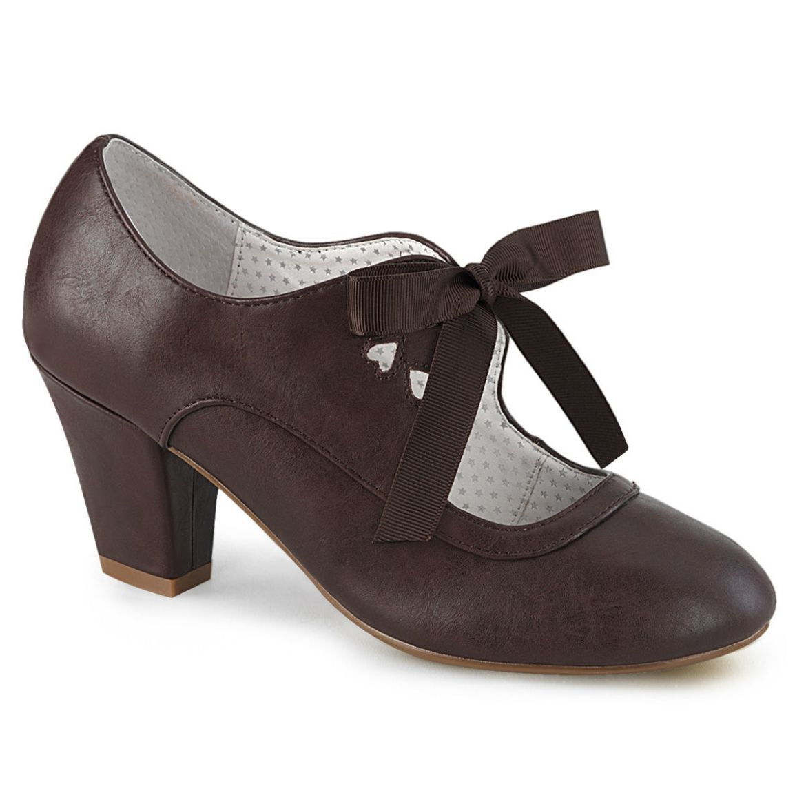 Product image of Pin Up Couture WIGGLE-32 Dark Brown Faux Leather 2 1/2 inch (6.5 cm) Cuben Heel Heel Mary Jane Pump With Ribbon Tie Court Pump Shoes