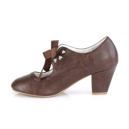 Product image of Pin Up Couture WIGGLE-32 Dark Brown Faux Leather 2 1/2 inch (6.5 cm) Cuben Heel Heel Mary Jane Pump With Ribbon Tie Court Pump Shoes
