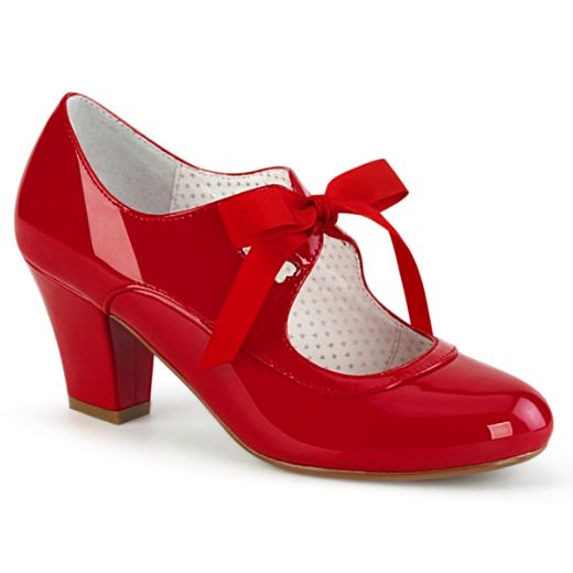 Product image of Pin Up Couture WIGGLE-32 Red Patent 2 1/2 inch (6.5 cm) Cuben Heel Heel Mary Jane Pump With Ribbon Tie Court Pump Shoes