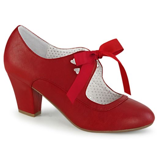 Product image of Pin Up Couture WIGGLE-32 Red Faux Leather 2 1/2 inch (6.5 cm) Cuben Heel Heel Mary Jane Pump With Ribbon Tie Court Pump Shoes