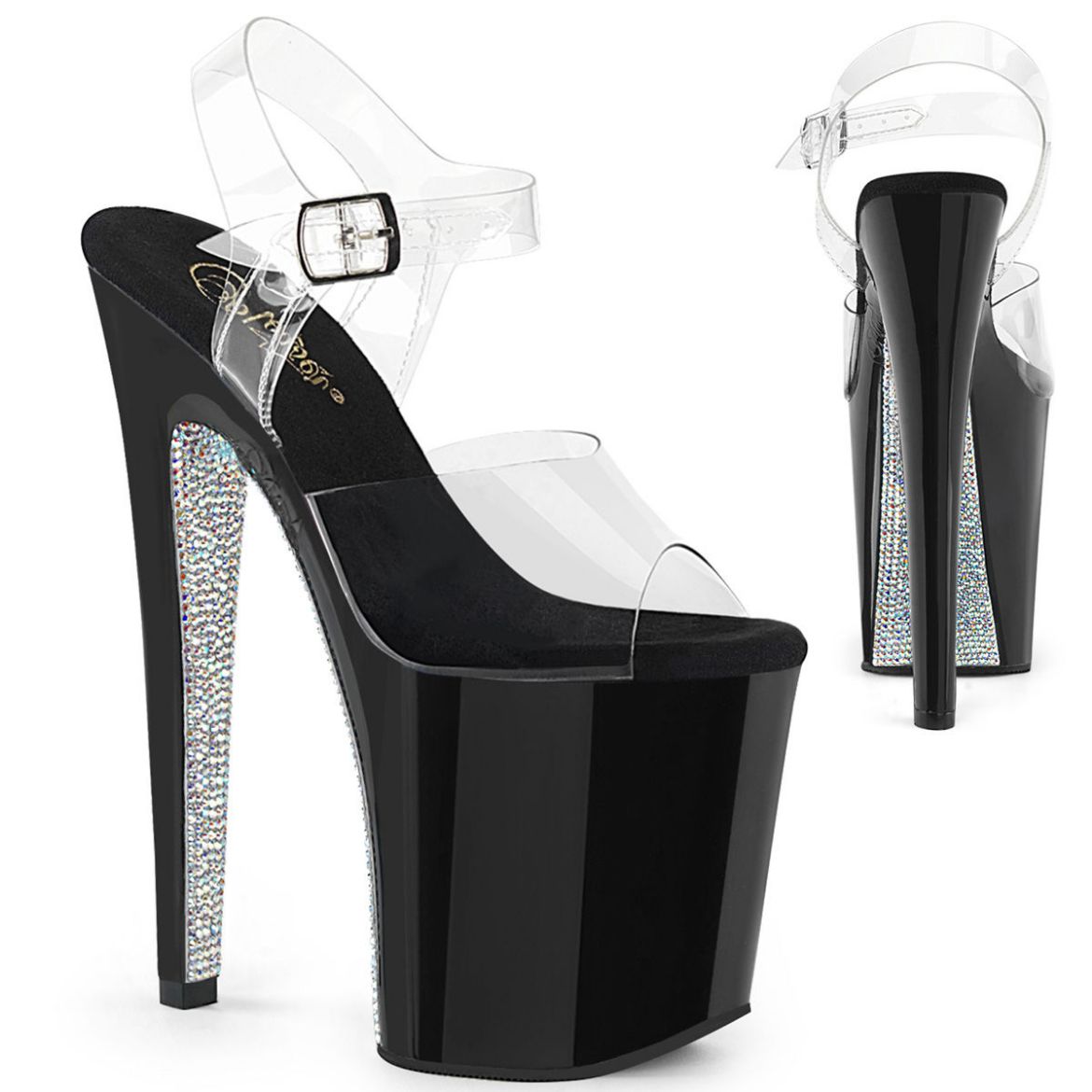 Product image of Pleaser XTREME-808CRS Clear/Black-Silver Rhinestones 8 inch (20 cm) Heel 4 inch (10 cm) Platform Ankle Strap Sandal With  Contrast Rhinestones Shoes