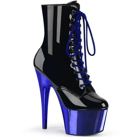 Product image of Pleaser ADORE-1020 Black Patent/Royal Blue Chrome 7 inch (17.8 cm) Heel 2 3/4 inch (7 cm) Platform Lace-Up Front Ankle Boot Side Zip