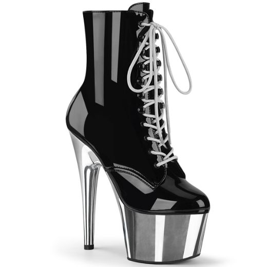 Product image of Pleaser ADORE-1020 Black Patent/Silver Chrome 7 inch (17.8 cm) Heel 2 3/4 inch (7 cm) Platform Lace-Up Front Ankle Boot Side Zip