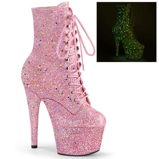 Product image of Pleaser ADORE-1020GDLG Pink Multicolour Glitter/Pink Multicolour Glitter 7 inch (17.8 cm) Heel 2 3/4 inch (7 cm) Platform Lace-Up Front Ankle Boot Side Zip