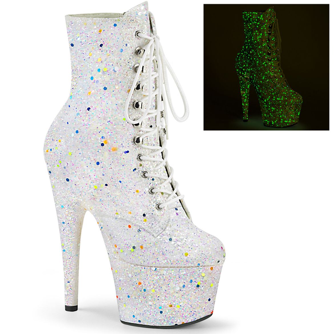 Product image of Pleaser ADORE-1020GDLG Whtie Multicolour Glitter/White Multicolour Glitter 7 inch (17.8 cm) Heel 2 3/4 inch (7 cm) Platform Lace-Up Front Ankle Boot Side Zip