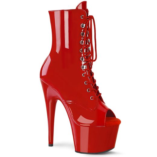 Product image of Pleaser ADORE-1021 Red Patent/Red 7 inch (17.8 cm) Heel 2 3/4 inch (7 cm) Platform Peep Toe Lace-Up Ankle Boot Side Zip