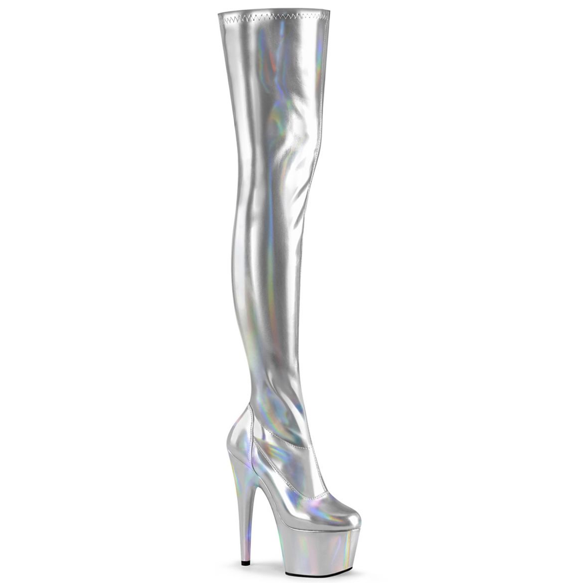 Product image of Pleaser ADORE-3000HWR Silver Stretch Holographic/Silver Holographic 7 inch (17.8 cm) Heel 2 3/4 inch (7 cm) Platform Stretch Thigh Boot Side Zip Thigh High Boot