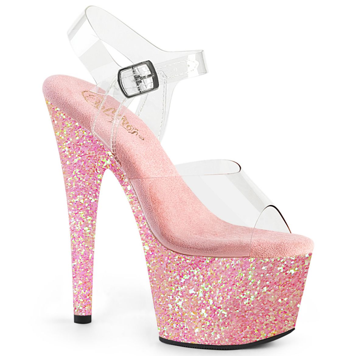 Product image of Pleaser ADORE-708LG Clear/Baby Pink Glitter 7 inch (17.8 cm) Heel 2 3/4 inch (7 cm) Platform Ankle Strap Sandal With Glitter Bottom Shoes