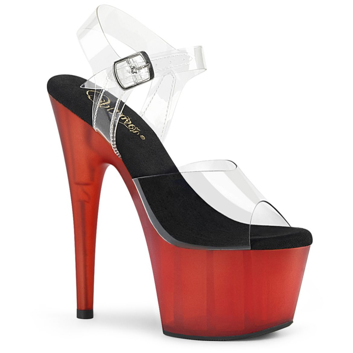 Product image of Pleaser ADORE-708T Clear/Red Frosted 7 inch (17.8 cm) Heel 2 3/4 inch (7 cm) Tinted Platform Ankle Strap Sandal Shoes