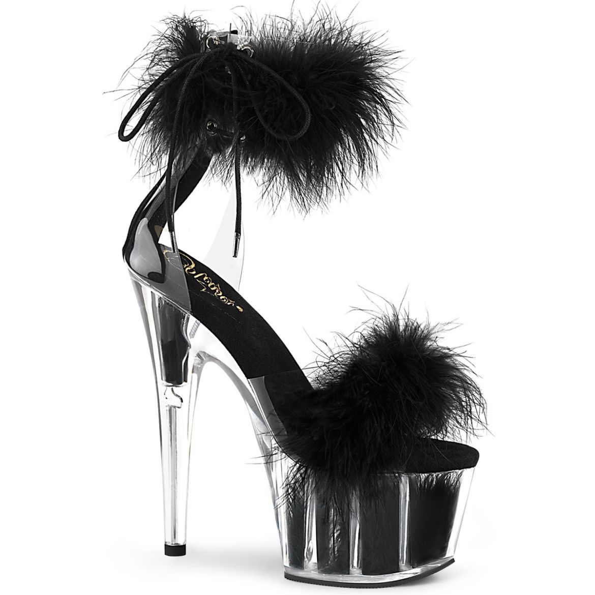 Product image of Pleaser ADORE-724F Clear-Black Faux Fur/Black Faux Fur 7 inch (17.8 cm) Heel 2 3/4 inch (7 cm) Platform Faux Feathers Faux Fur Ankle Cuff Sandal Back Zip