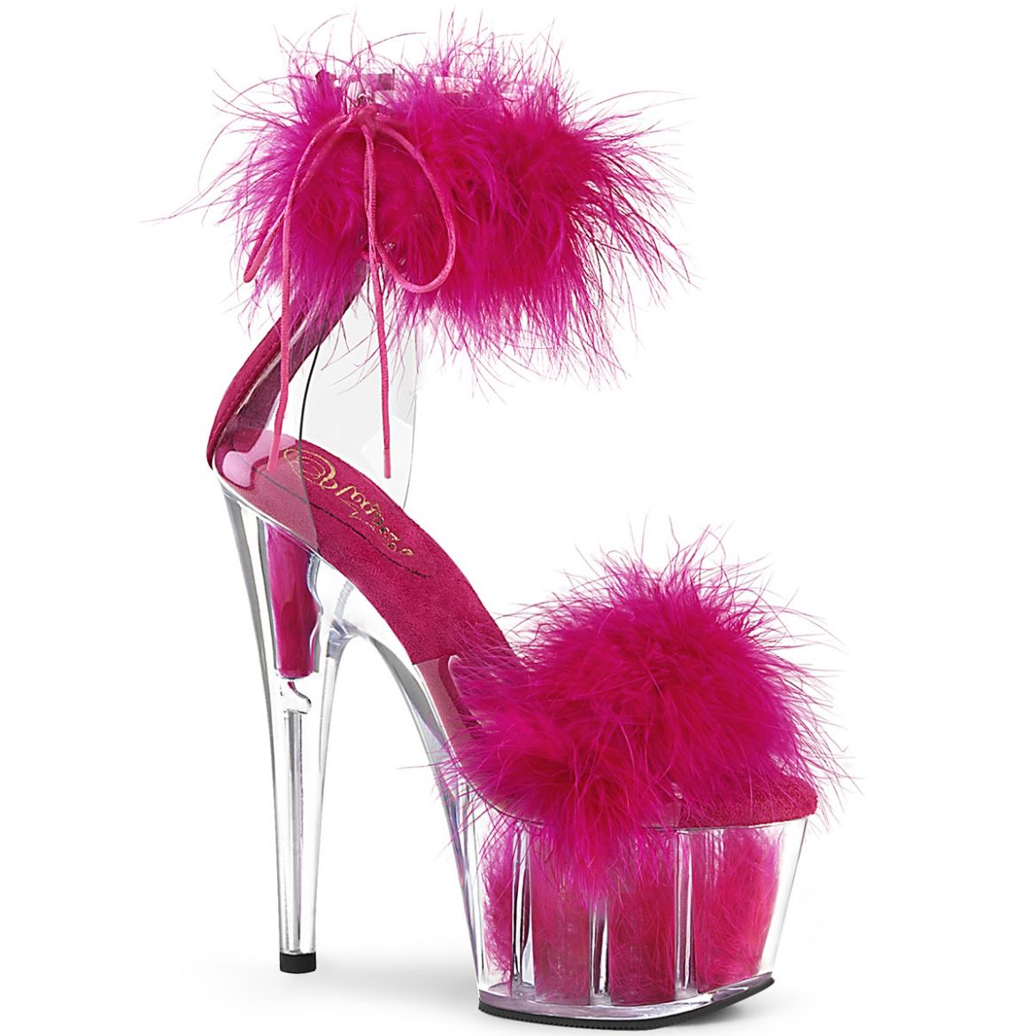 Product image of Pleaser ADORE-724F Clear-Hot Pink Faux Fur/Hot Pink Faux Fur 7 inch (17.8 cm) Heel 2 3/4 inch (7 cm) Platform Faux Feathers Faux Fur Ankle Cuff Sandal Back Zip