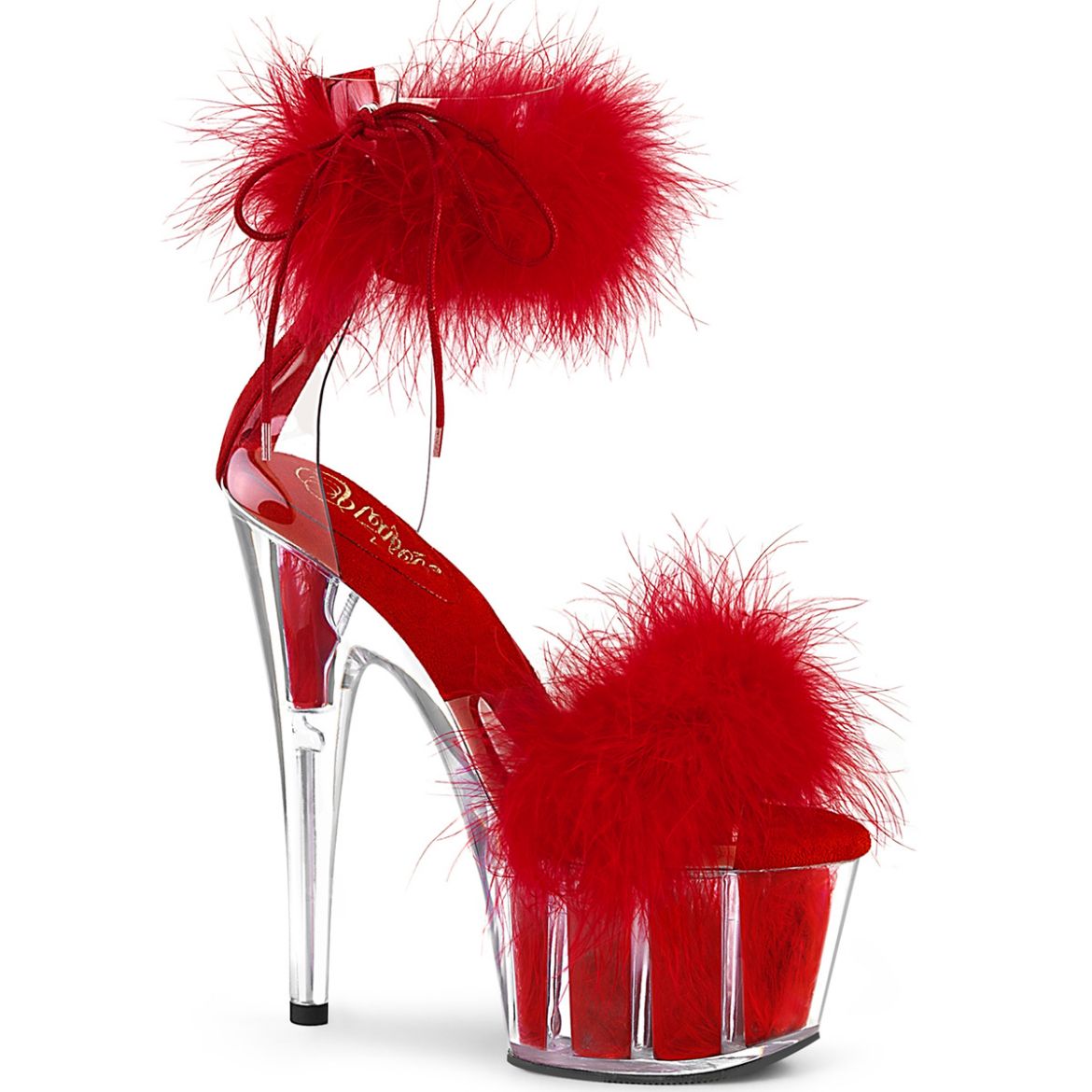 Product image of Pleaser ADORE-724F Clear-Red Faux Fur/Red Faux Fur 7 inch (17.8 cm) Heel 2 3/4 inch (7 cm) Platform Faux Feathers Faux Fur Ankle Cuff Sandal Back Zip