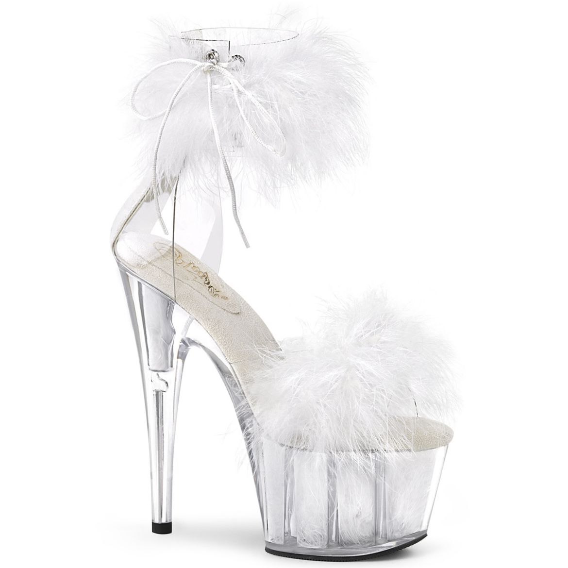 Product image of Pleaser ADORE-724F Clear-White Faux Fur/White Faux Fur 7 inch (17.8 cm) Heel 2 3/4 inch (7 cm) Platform Faux Feathers Faux Fur Ankle Cuff Sandal Back Zip